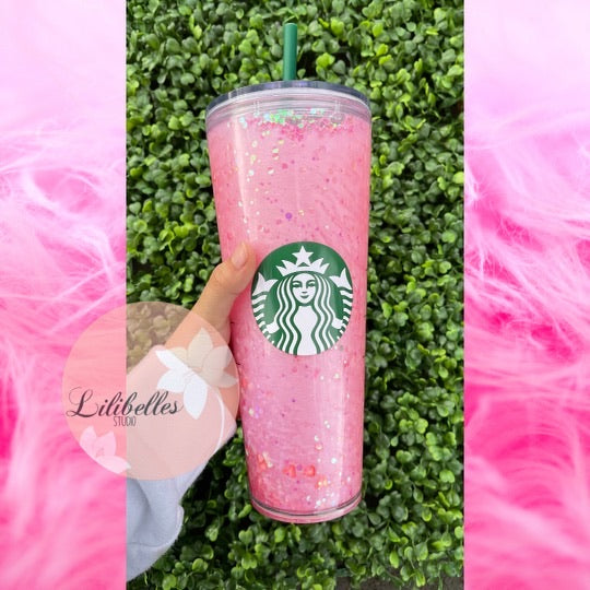 Pink drink inspired snow globe tumbler